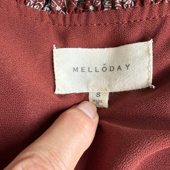 Melloday Womens Boho Peasant Blouse Small Rust Red Smocked Phoebe Buffay Cottage - Picture 6 of 16